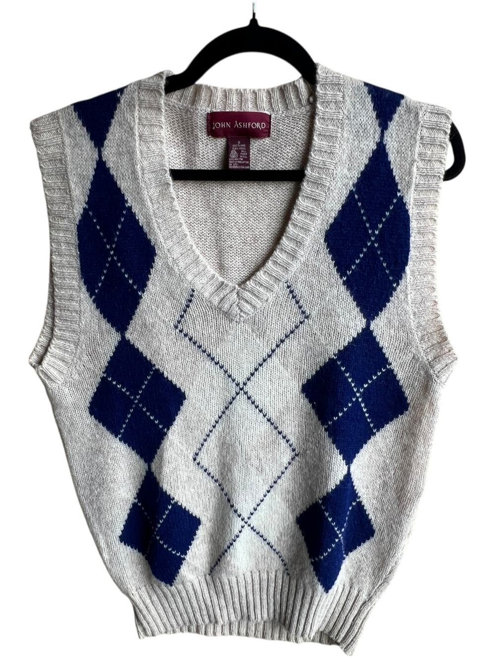 Vintage John Ashford Mens SMALL 100% Shetland Wool Sweater Vest Beige Argyle